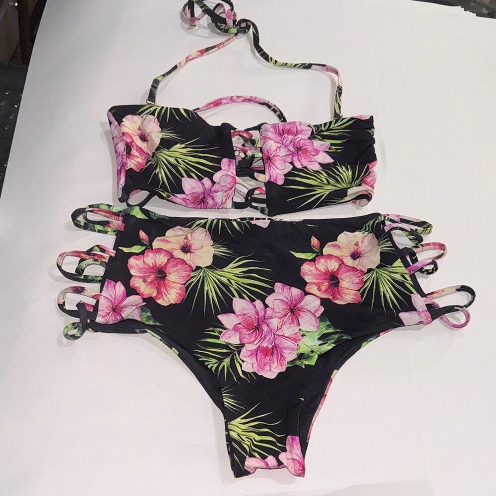 Spiritual Gangster Black Floral Lace-Up Bikini Set